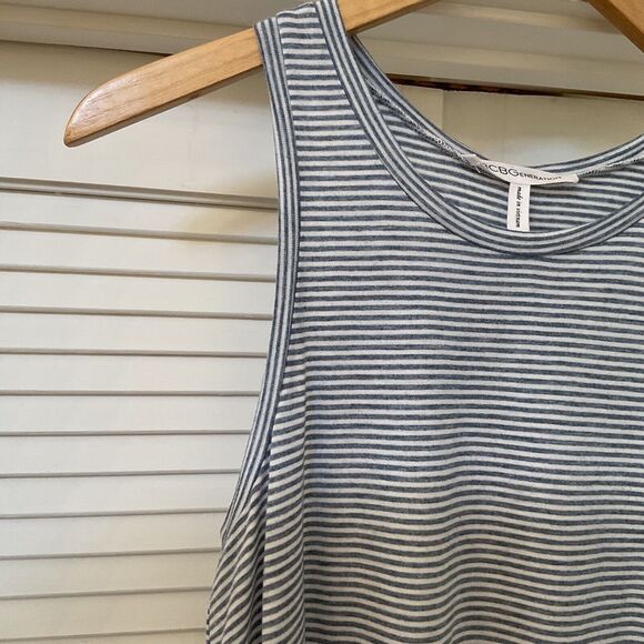 BCBGeneration Tank Top Sleeveless Ruffled Sheer Hem Blue White Stripe, Size XS - Picture 4 of 9